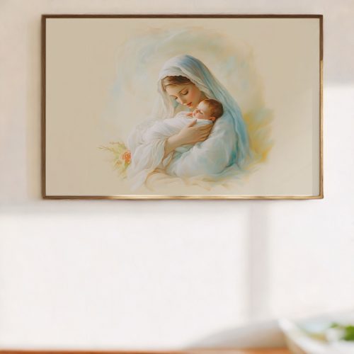 Mary Cradling Baby Jesus - Framed Canvas photo review
