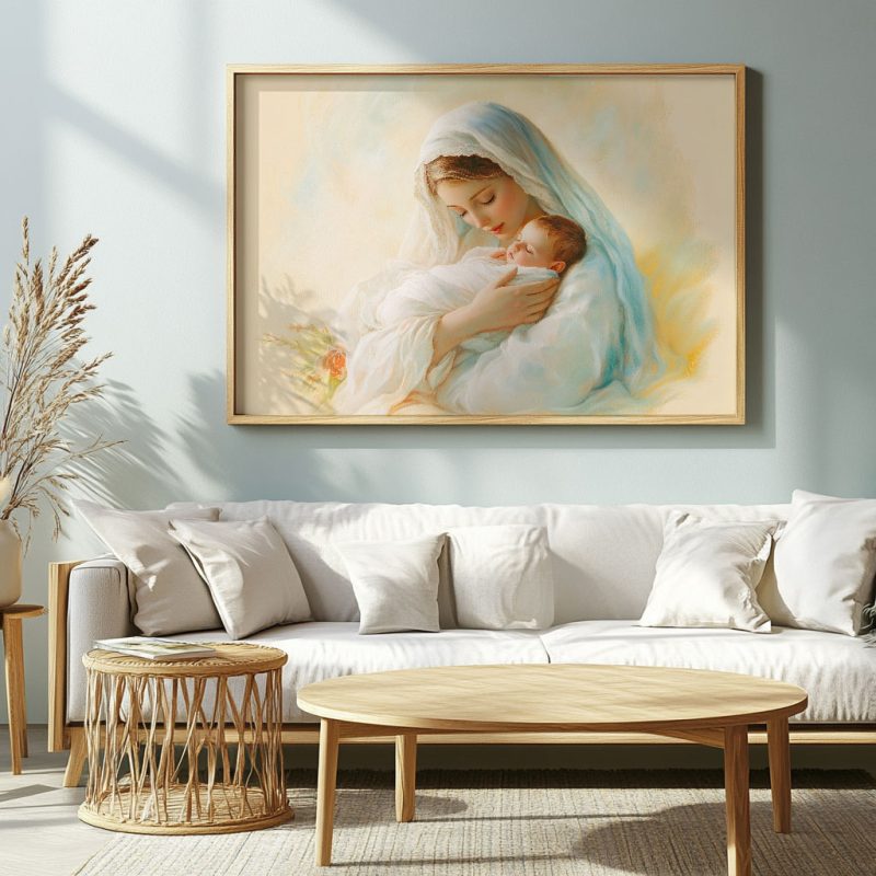 Mary Cradling Baby Jesus - Framed Canvas - Image 3
